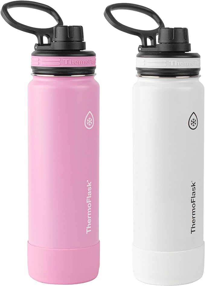 ThermoFlask Bottle with Spout Lid - Stainless Steel Water Bottles with Double-Wall Insulation & BPA-Free Spout Lids - Leak-Proof Reusable Bottles & Lids - 24 oz, Mayan Blue/Black (2 Pack)