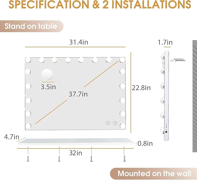 Hansong Vanity Mirror with Lights and Bluetooth Speaker 32"x 22.8" Hollywood Makeup Mirror with 18 LED Bulbs, Large Lighted Mirror with 3 Color Modes, USB Charging, 10x Magnification, Tempered Glass