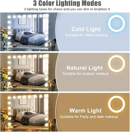 Hansong Vanity Mirror with Lights and Bluetooth Speaker 32"x 22.8" Hollywood Makeup Mirror with 18 LED Bulbs, Large Lighted Mirror with 3 Color Modes, USB Charging, 10x Magnification, Tempered Glass