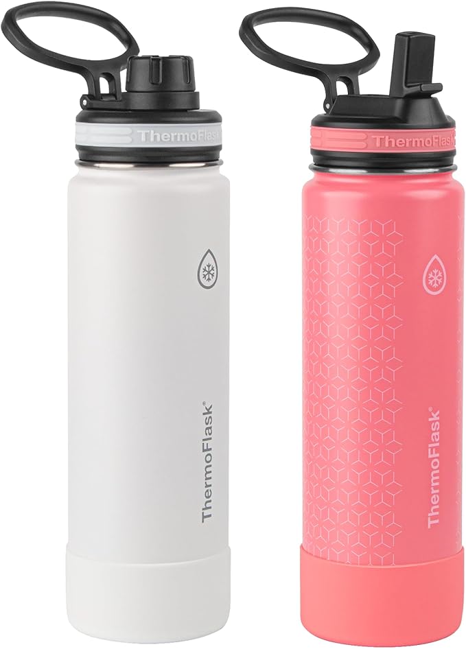 ThermoFlask Bottle with Spout Lid - Stainless Steel Water Bottles with Double-Wall Insulation & BPA-Free Spout Lids - Leak-Proof Reusable Bottles & Lids - 24 oz, Mayan Blue/Black (2 Pack)