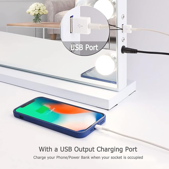 Hansong Vanity Mirror with Lights and Bluetooth Speaker 32"x 22.8" Hollywood Makeup Mirror with 18 LED Bulbs, Large Lighted Mirror with 3 Color Modes, USB Charging, 10x Magnification, Tempered Glass