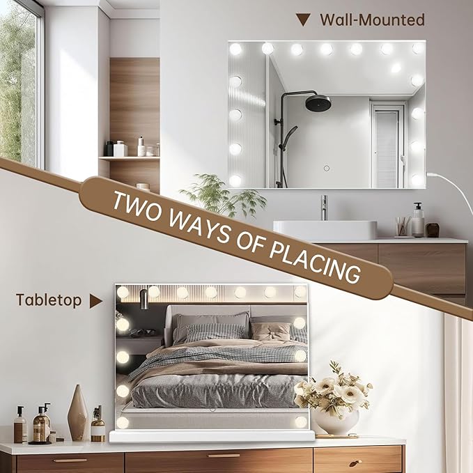 Hollywood Vanity Mirror with Lights, 23"x18" Lighted Makeup Mirror for Desk/Wall Mount with 15 Led Bulbs, 3 Lighting Modes for College Dorm, Bedroom & Dressing Room (White)