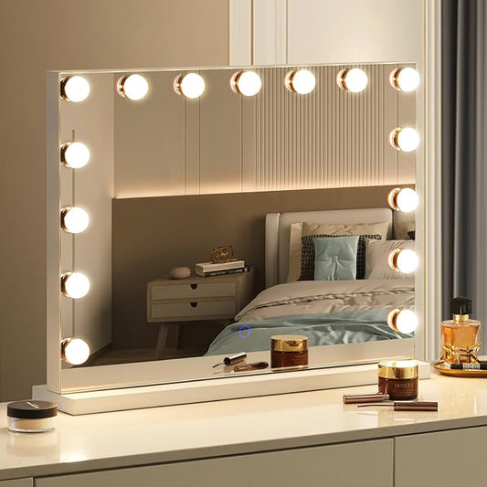 Hollywood Vanity Mirror with Lights, 23"x18" Lighted Makeup Mirror for Desk/Wall Mount with 15 Led Bulbs, 3 Lighting Modes for College Dorm, Bedroom & Dressing Room (White)