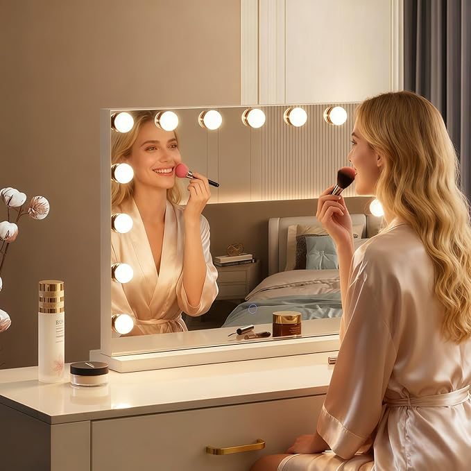 Hollywood Vanity Mirror with Lights, 23"x18" Lighted Makeup Mirror for Desk/Wall Mount with 15 Led Bulbs, 3 Lighting Modes for College Dorm, Bedroom & Dressing Room (White)