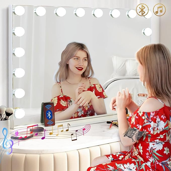 Hansong Vanity Mirror with Lights and Bluetooth Speaker 32"x 22.8" Hollywood Makeup Mirror with 18 LED Bulbs, Large Lighted Mirror with 3 Color Modes, USB Charging, 10x Magnification, Tempered Glass