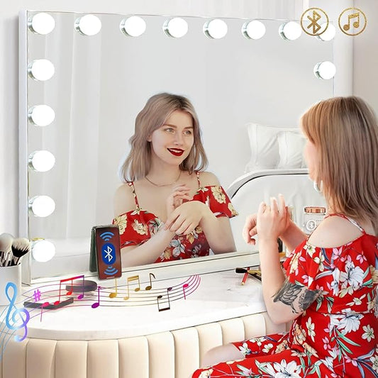 Hansong Vanity Mirror with Lights and Bluetooth Speaker 32"x 22.8" Hollywood Makeup Mirror with 18 LED Bulbs, Large Lighted Mirror with 3 Color Modes, USB Charging, 10x Magnification, Tempered Glass