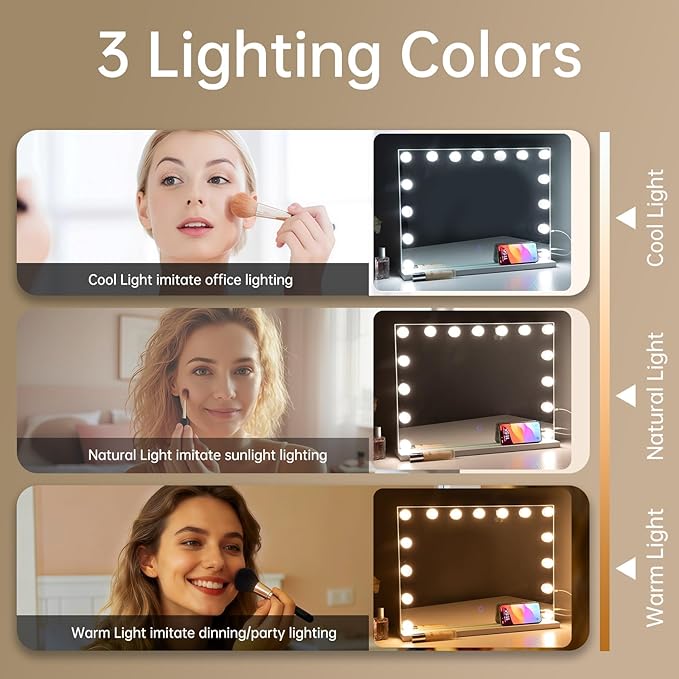 Hollywood Vanity Mirror with Lights, 23"x18" Lighted Makeup Mirror for Desk/Wall Mount with 15 Led Bulbs, 3 Lighting Modes for College Dorm, Bedroom & Dressing Room (White)